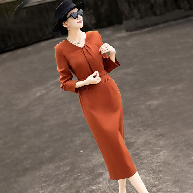 Novo Estilo Elegante Vestido Casual de Negócios Feminino de Manga Longa Laranja Corte Reto