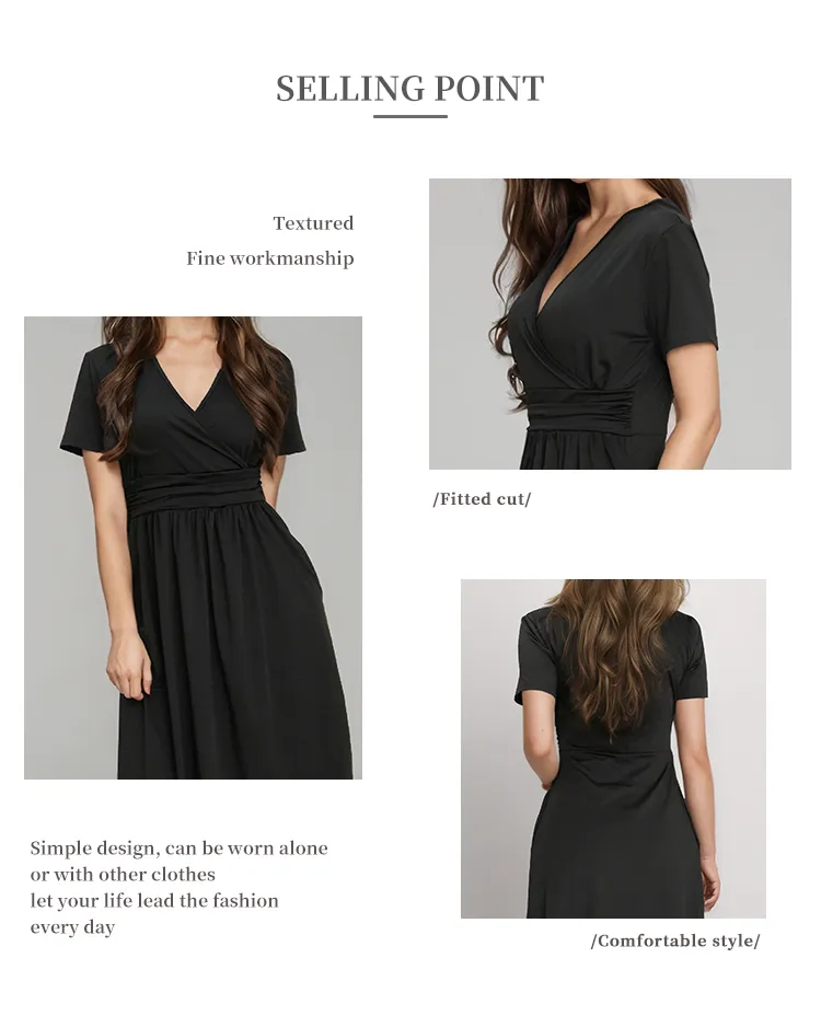 Vestido Casual de Manga Curta, Solto, Decote em V, Envolvente, Comprimento até o Joelho