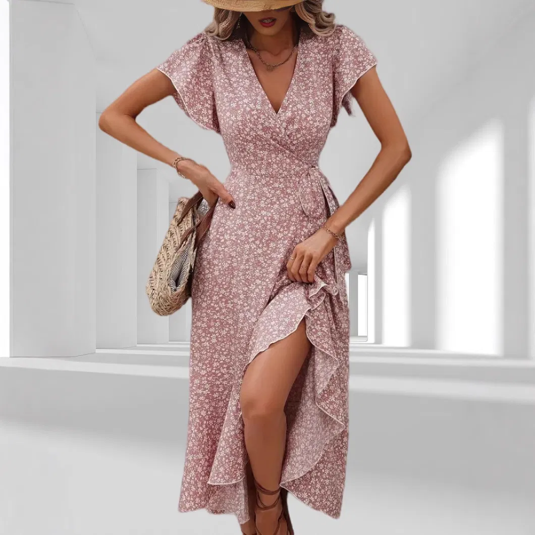 Saia de Flor, Manga Curta, Saia Longa, Vestido Casual, Moda Solta Floral, Verão Feminino, Estilo Gentil, Atacado