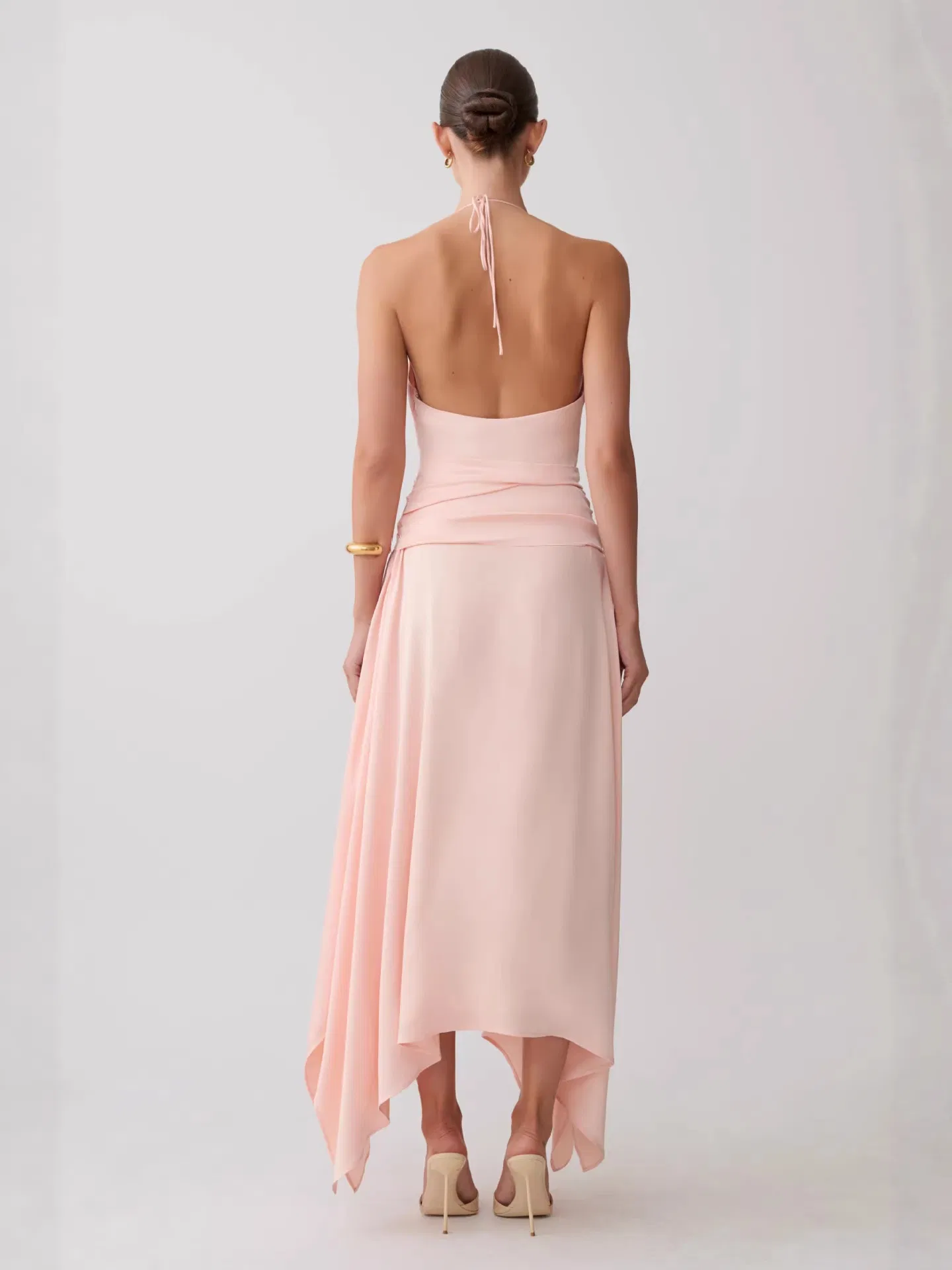 Vestido Midi Sem Costas em V Profundo Halter Rosa Blush para Mulheres com Barra Assimétrica Irregular Casual Longo
