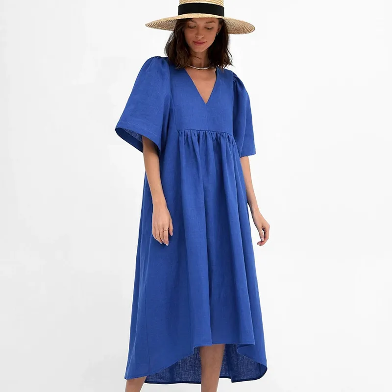 Vestido de Verão Casual Feminino de Linho com Decote em V, Manga Curta, Solto, A-Line, Cor Sólida, para o Dia a Dia