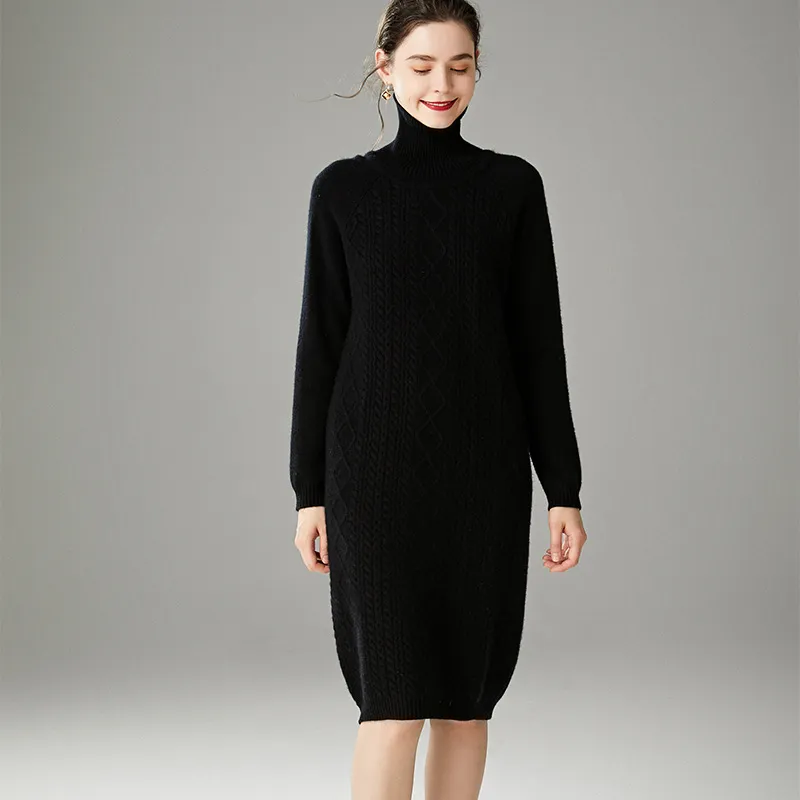 Vestido de malha de gola alta de manga longa em cor sólida casual de inverno