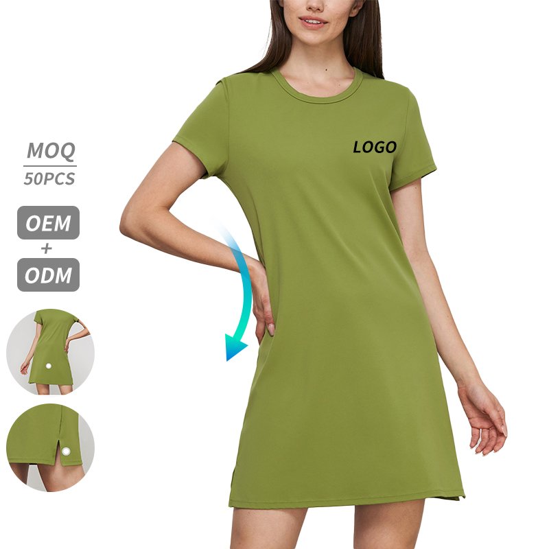 Vestido Esportivo Casual Adulto de Yoga por Atacado para Mulheres, Novo Vestido Esportivo Respirável de Verão com Fenda Lateral, Vestido Solto para Atividades Físicas, Vestido Casual para Treino