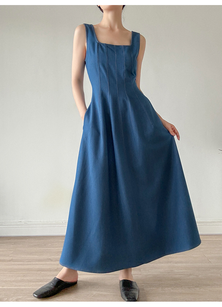 Vestido Maxi Azul com Decote Quadrado Elegante para Mulheres 2026 Verão, Vestido Longo Flare de Cintura Alta com Bolsos, Vestidos Casuais para Trabalho que Afinam para Praia Vacati