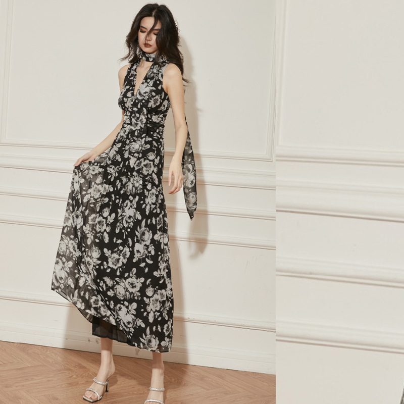 Último Vestido Longo Casual Vintage para Mulheres, Vestido Maxi de Chiffon Floral Estampado para Praia Boho