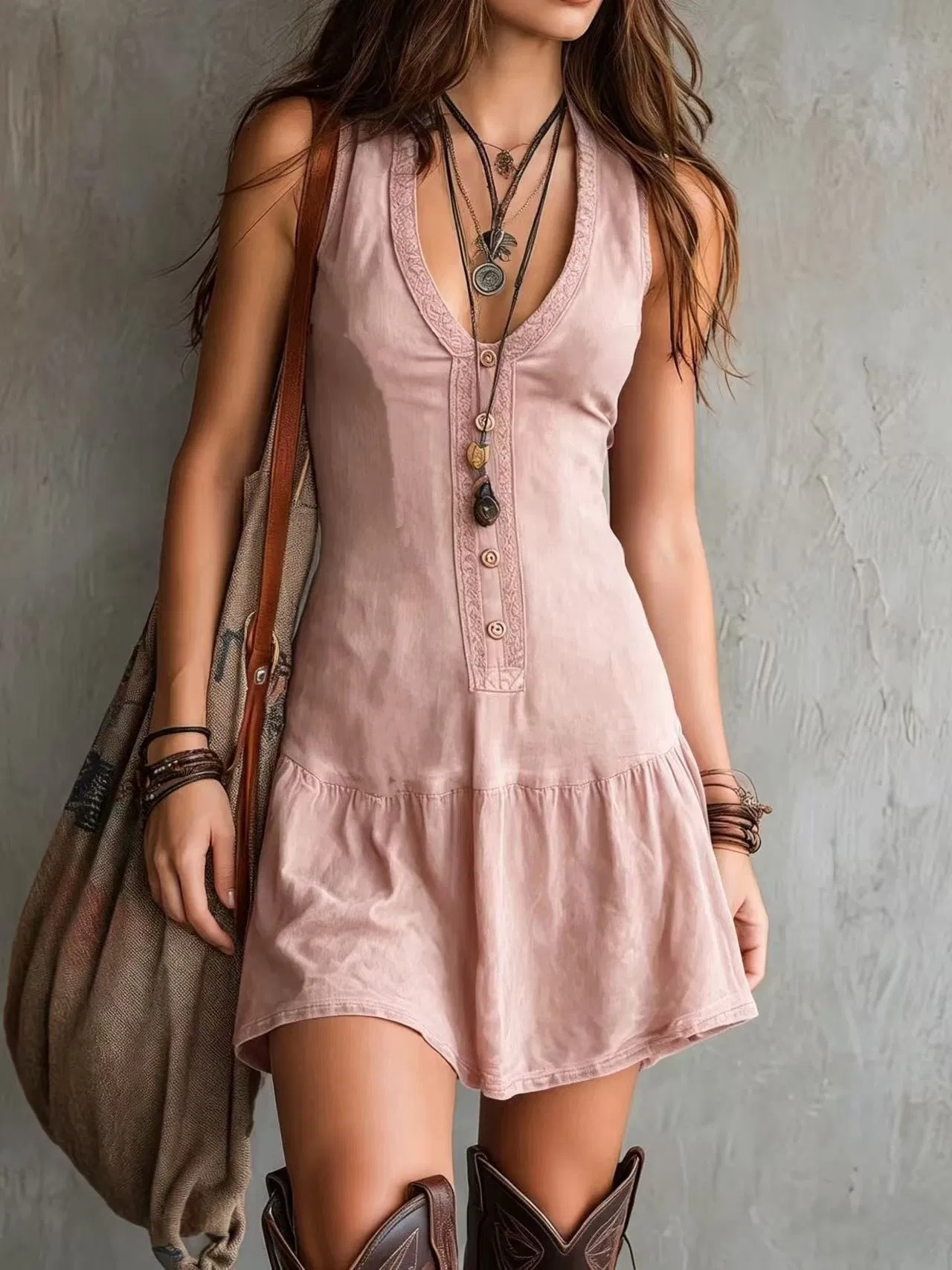 Macacão sem mangas feminino com decote em V e botões na frente, vestido mini boho com detalhes em renda, macacão casual de verão na cor vinho