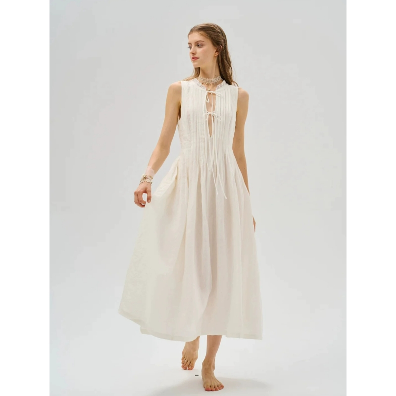 Vestido Feminino Atacado Personalizado Linho Branco Vestido Feminino Vestido Luxuoso Estilo Casual Cintura Ajustável Decote em V Laço Resort Maxi Vestido Fornecimento Direto de Exportação