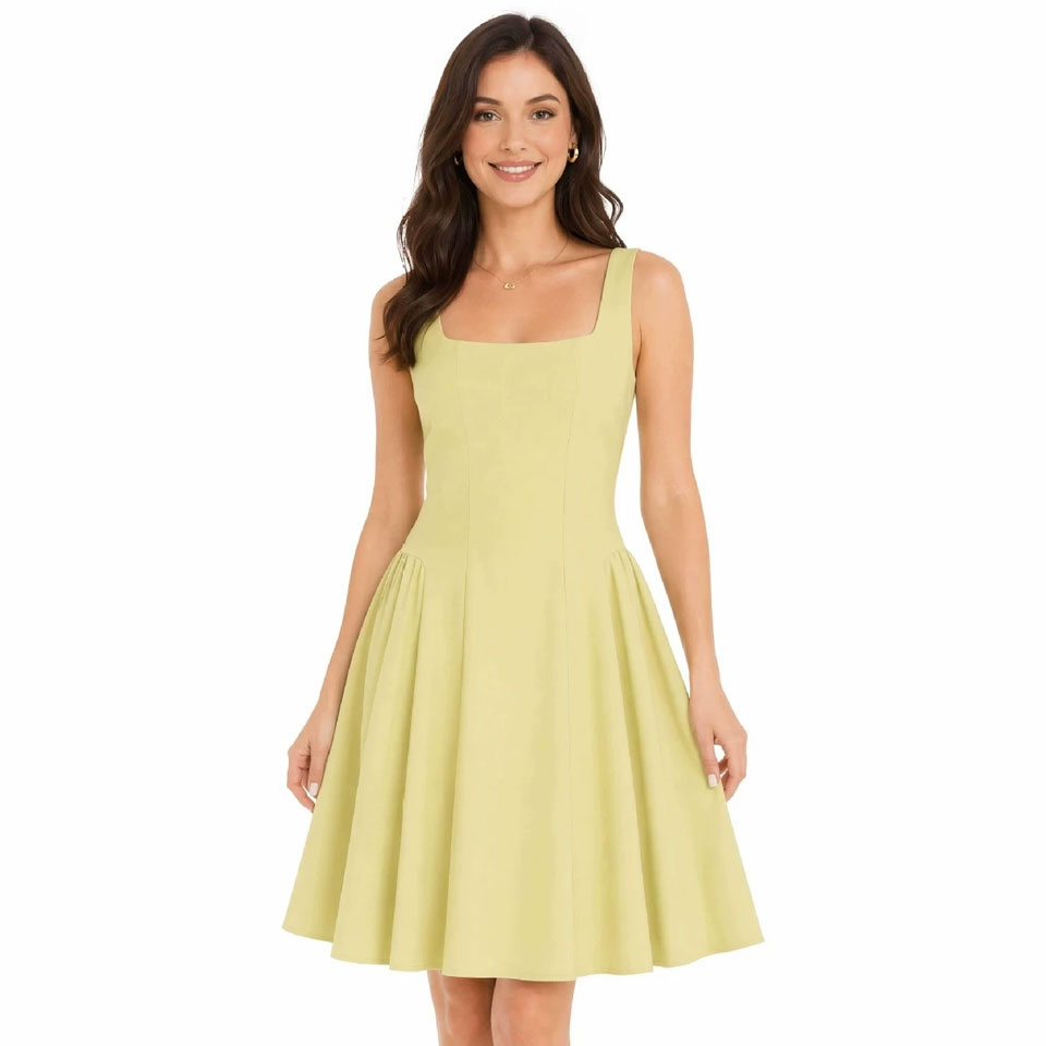Vestido Mini Sem Mangas Preto Sólido com Gola Alta para Mulheres, Decote Quadrado, Corte A, Casual para Trabalho na Primavera, Outono e Verão