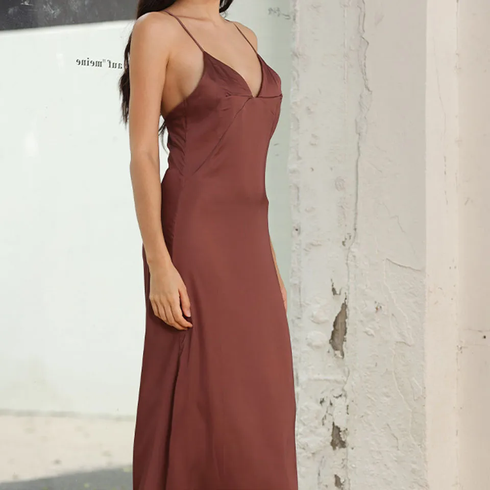 Vestido Casual Feminino Sem Mangas de Alta Qualidade Personalizado, Decote em V, Alça Fina, Midi, Vestido Slip Preto por Atacado para Mulheres