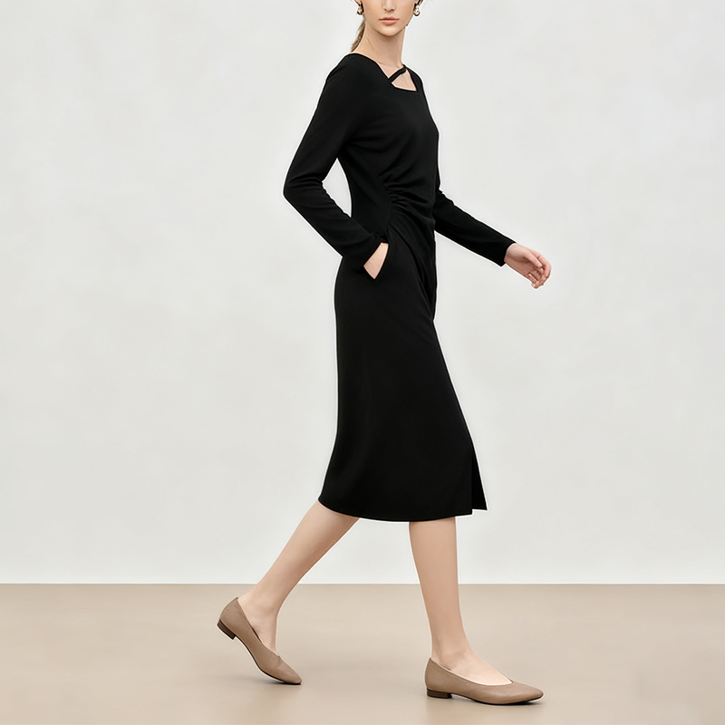 Novo Versátil, Confortável e Fashionável Vestido Casual Longo de Manga Longa com Gola Média e Decote Quadrado em A