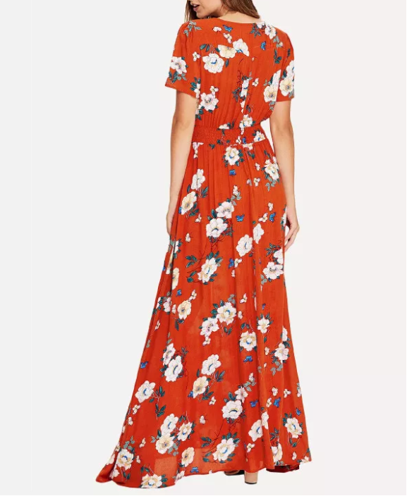 Vestido Maxi de Praia Elegante Urbano com Botões Florais Casuais para Mulher