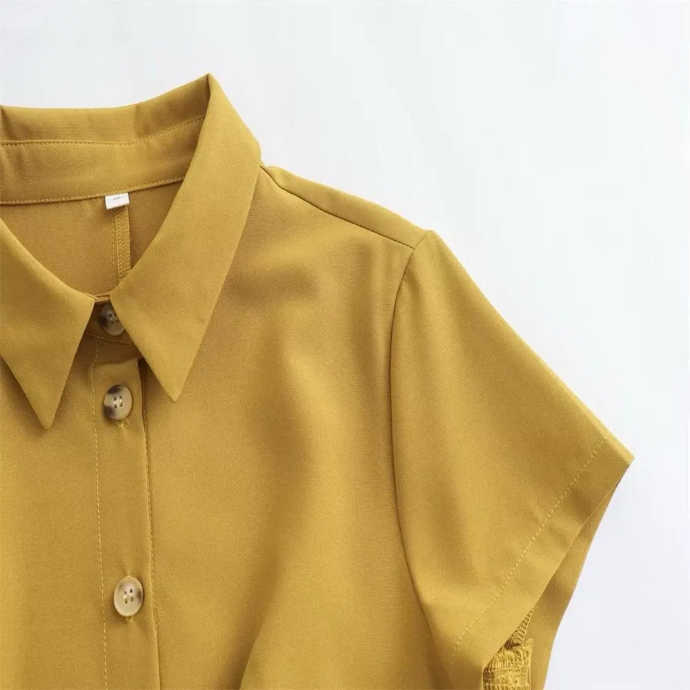 Vestido Camisa de Manga Curta com Botões e Barra Plissada Vestido Mini Casual para Mulheres Trabalho