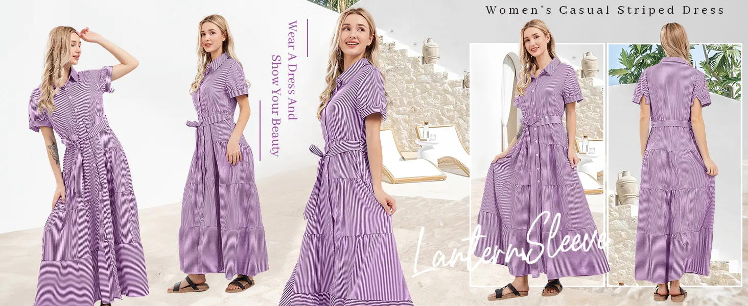Vestido Blusa Listrada de Manga Longa com Botões na Cintura e Renda para Mulheres