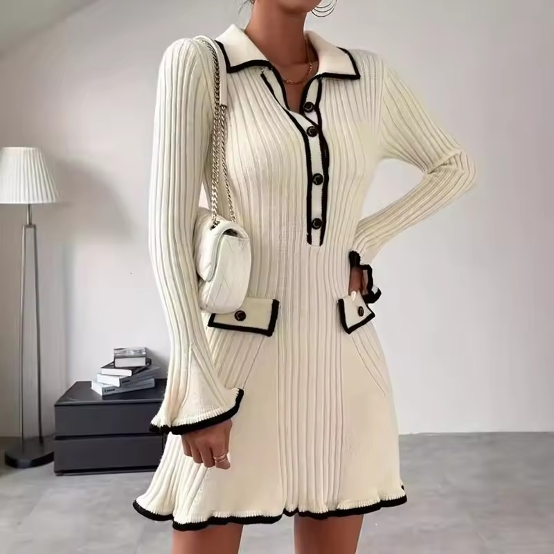Vestido Elegante de Tricô para Mulheres, Suéter de Manga Longa, Malha de Inverno, Suéter de Botão, Vestidos Casuais para Mulheres