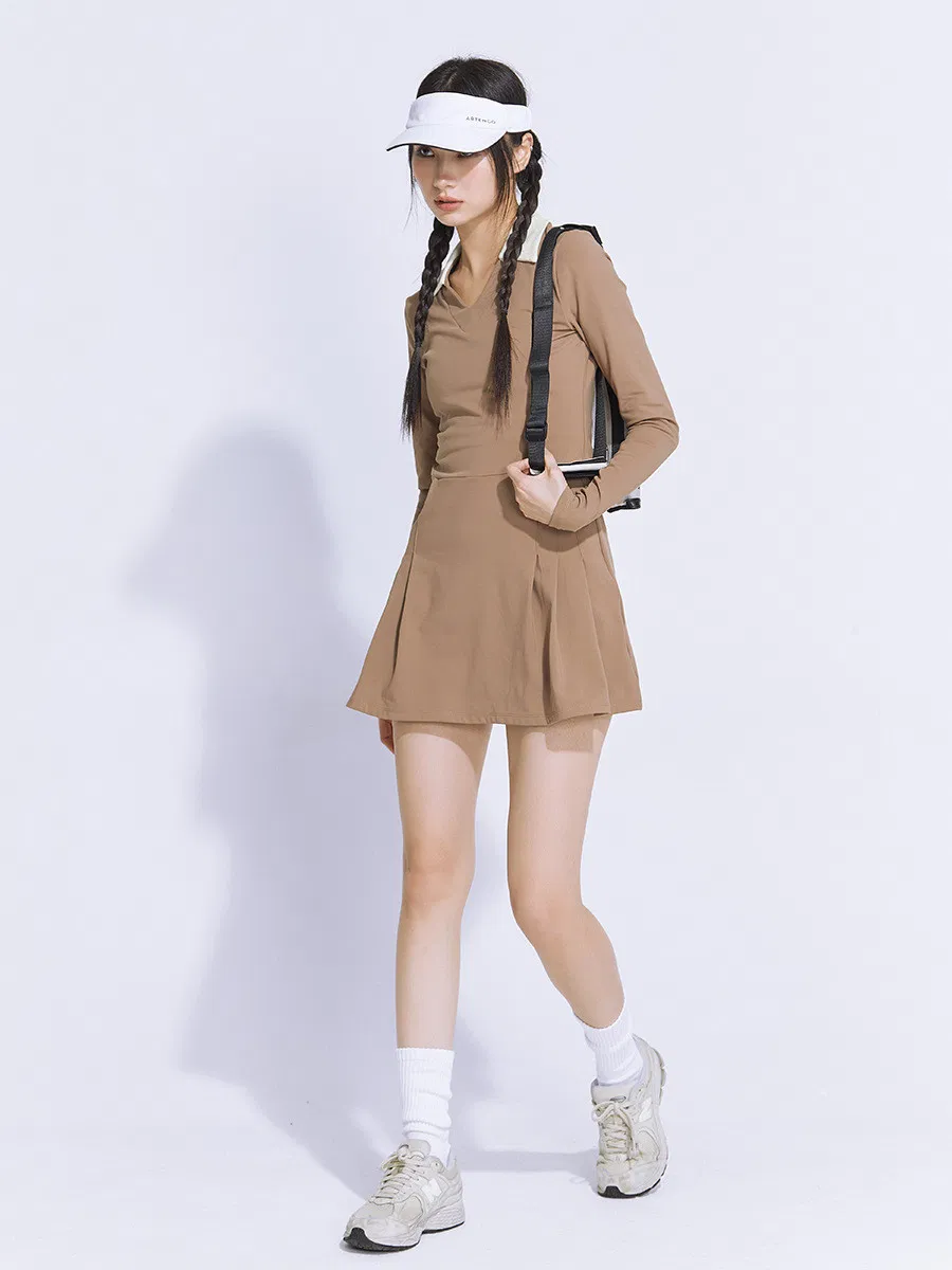Saia de tênis de manga longa para outono e inverno, roupa de golfe feminina casual com bolso, vestido de tênis