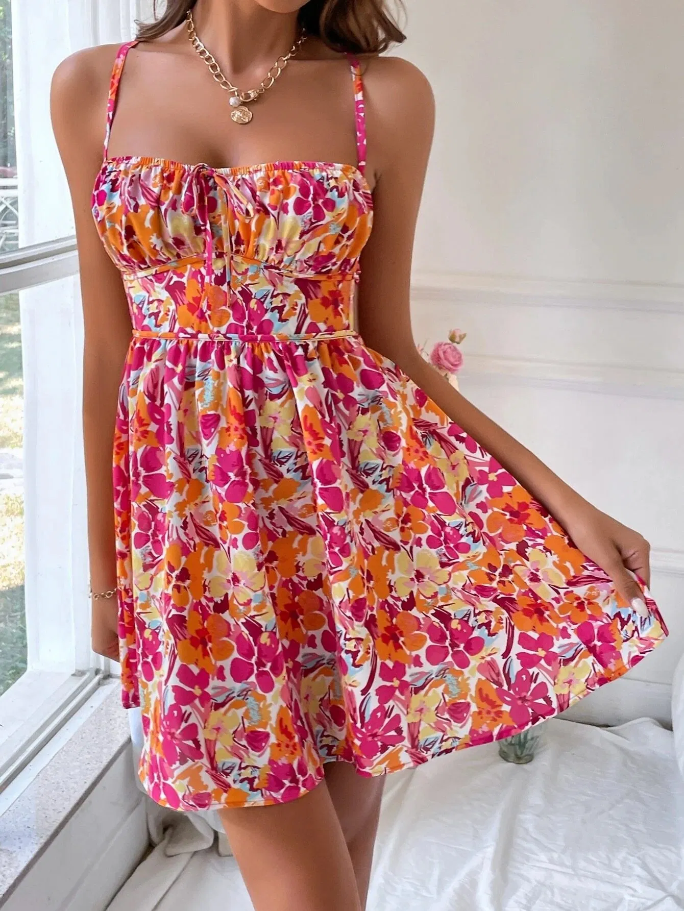 Vestido Cami de Alças com Decote Quadrado Floral Boho Feminino, Vestido de Praia para Férias de Verão, Vestido Midi Casual e Flowy para Férias