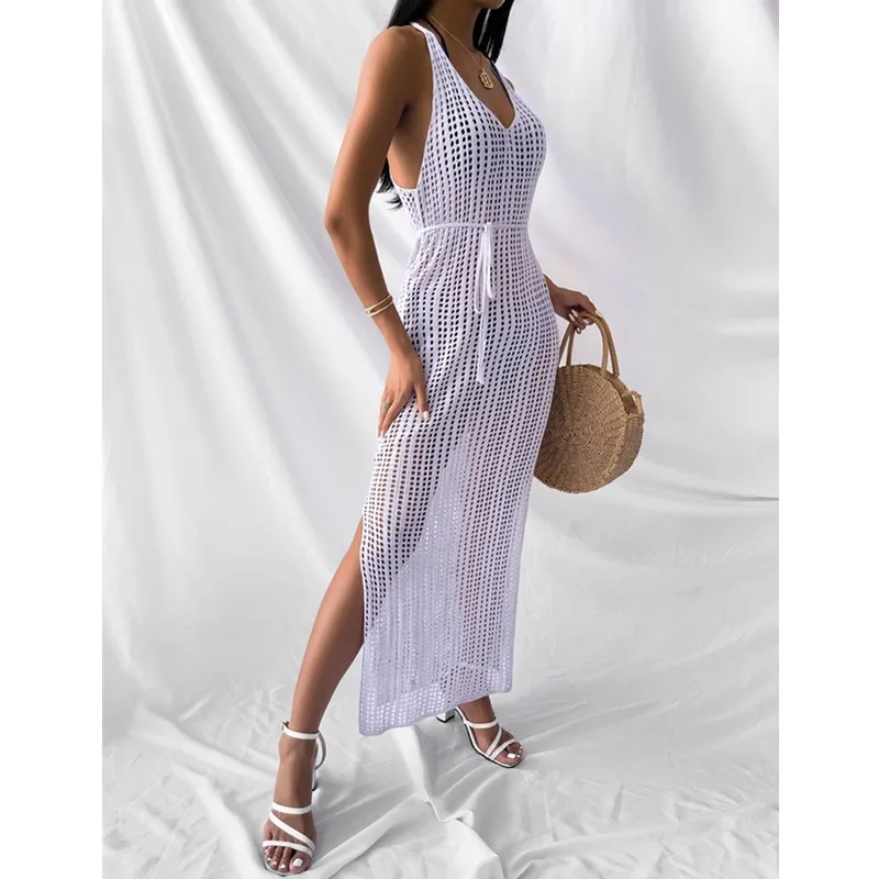 Vestido de Praia Tricotado Longo Ocasional Solto para Mulheres com Recortes Hollow-out de Verão