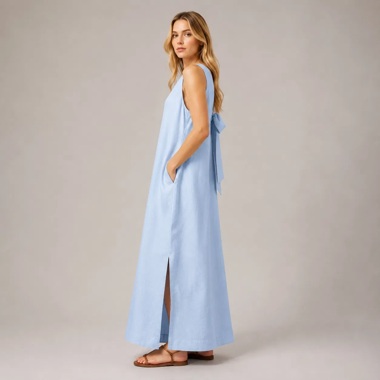 Vestido Longo Sem Mangas Lady Linen com Laço nas Costas e Fenda Lateral Roupas Casuais de Verão para Férias Atacado Personalizado