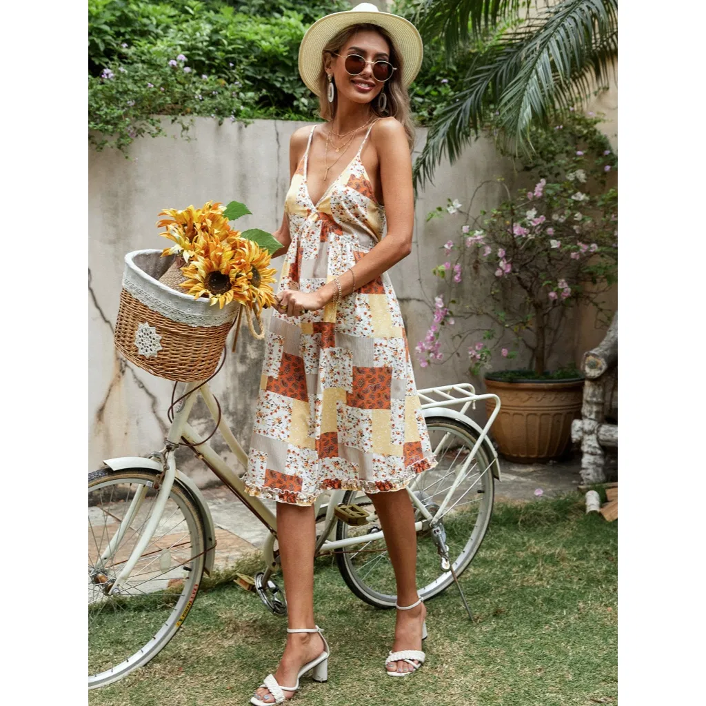 Vestido Midi Feminino Casual de Verão com Estampa Floral, Alças Finas e Solto