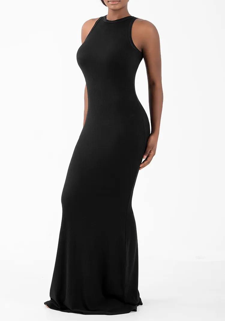 Vestido Maxi Casual Sem Mangas em Malha Ribana para Mulheres