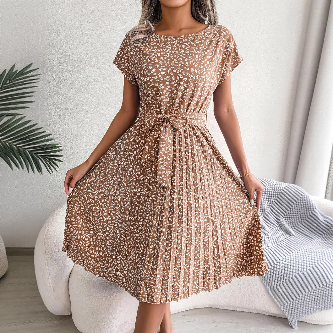 Vestido de menina floral plissado de manga curta casual de primavera e verão