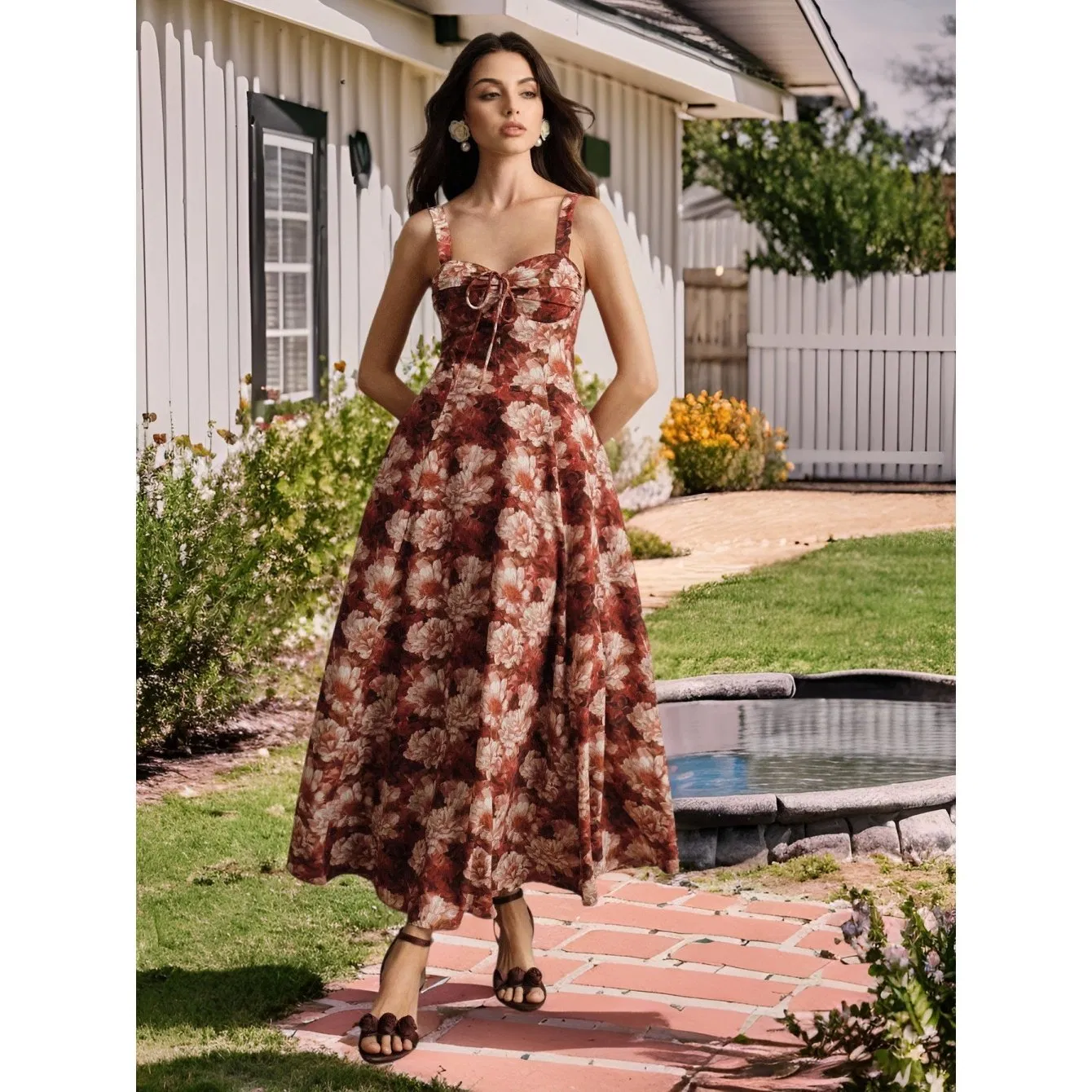 Vestido Cami Floral Rustico para Mulheres, Alça Larga, Decote Quadrado, Costas Descobertas, A-Line, Maxi, Casual, Festa, Praia, Uso em Férias