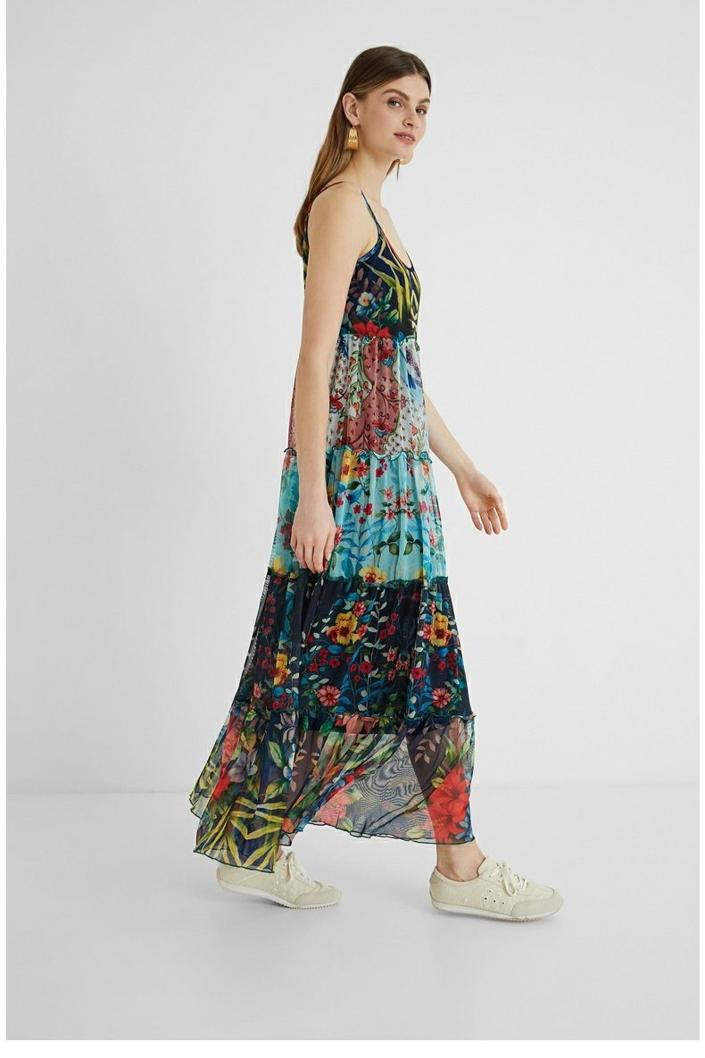 Novo Vestido Maxi Casual Solto de Malha Impressa com Decote Redondo para Mulheres