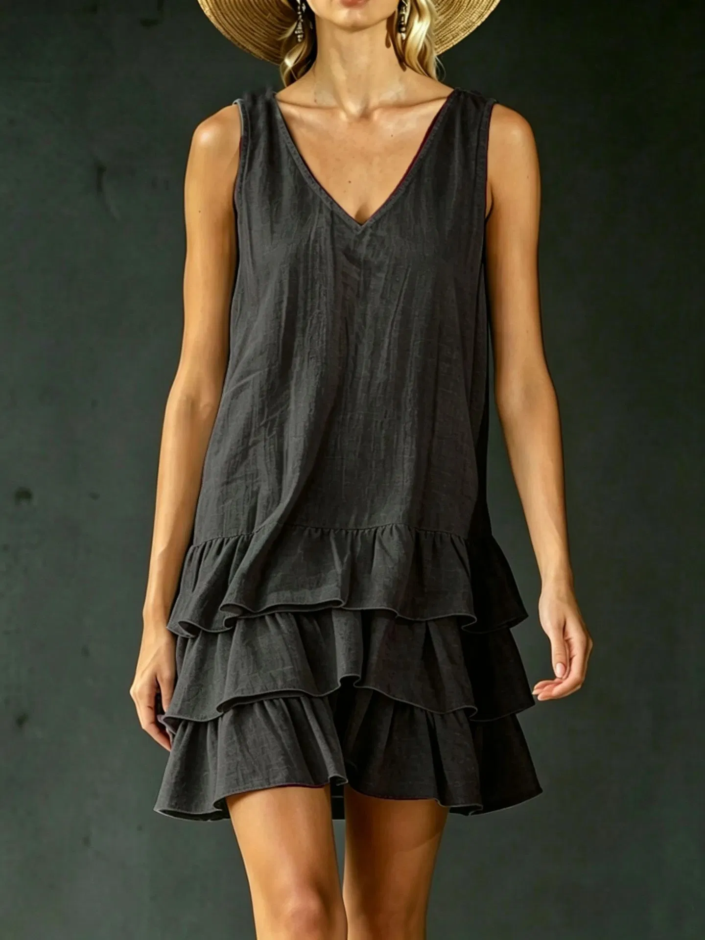 Vestido Mini Sem Mangas com Decote em V, Camadas de Renda, Vestido Casual em Linho para o Verão