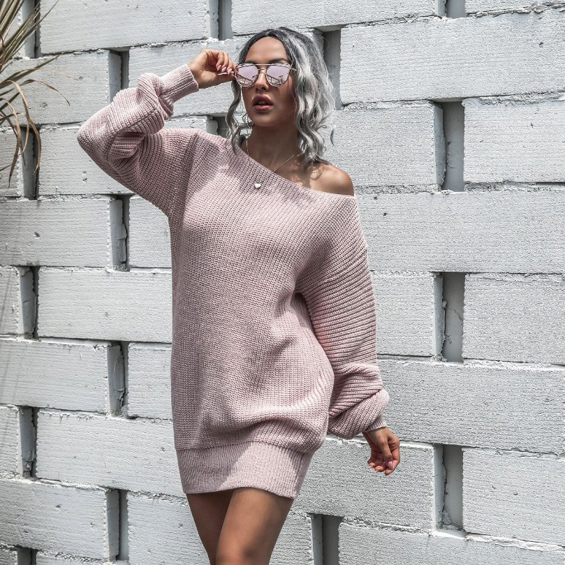 Vestido Sexy Tricotado para Mulheres Outono Inverno; Vestido Casual de Suéter com Ombros à Mostra e Mangas de Lanterna
