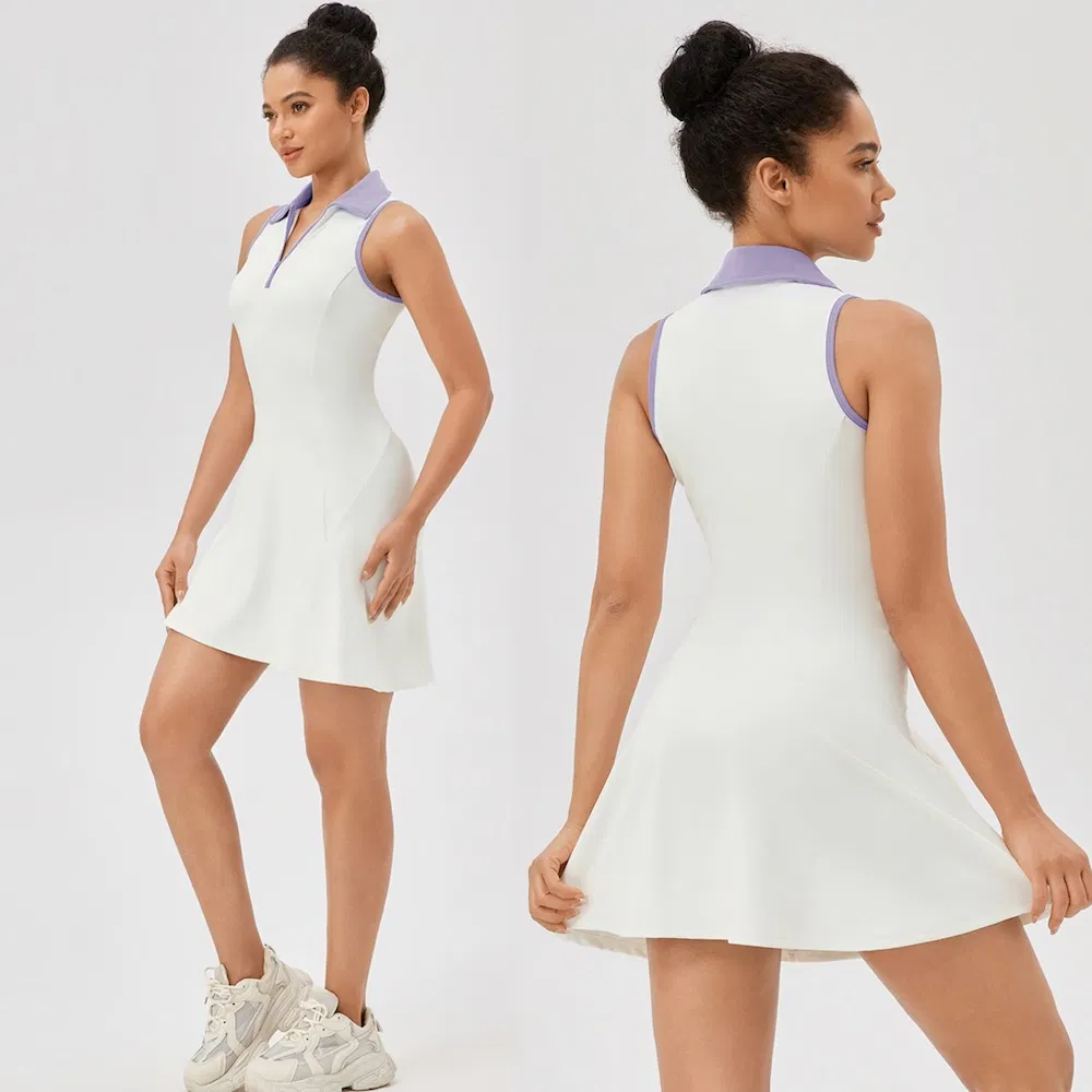 Vestido Esportivo Feminino com Gola Polo de Novo Design para Golfe, Personalizar Logo, Vestido de Tênis com Zíper Frontal para Exercícios de Verão, Roupas Ativas para Viagens