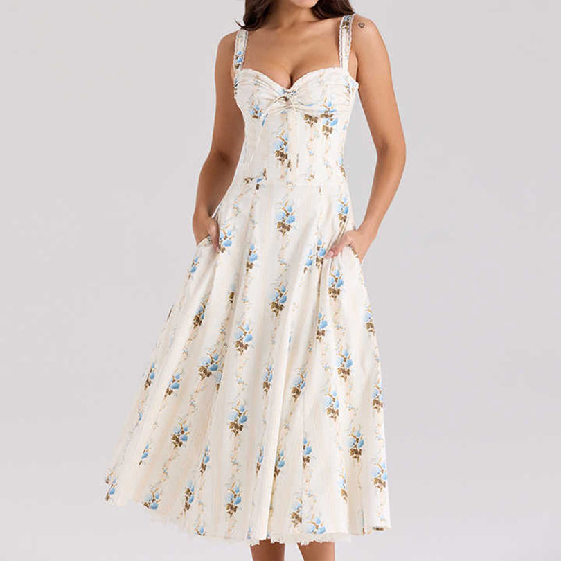 Casual Slip Dress Cream Floral Print Cotton Corset MIDI Dress
