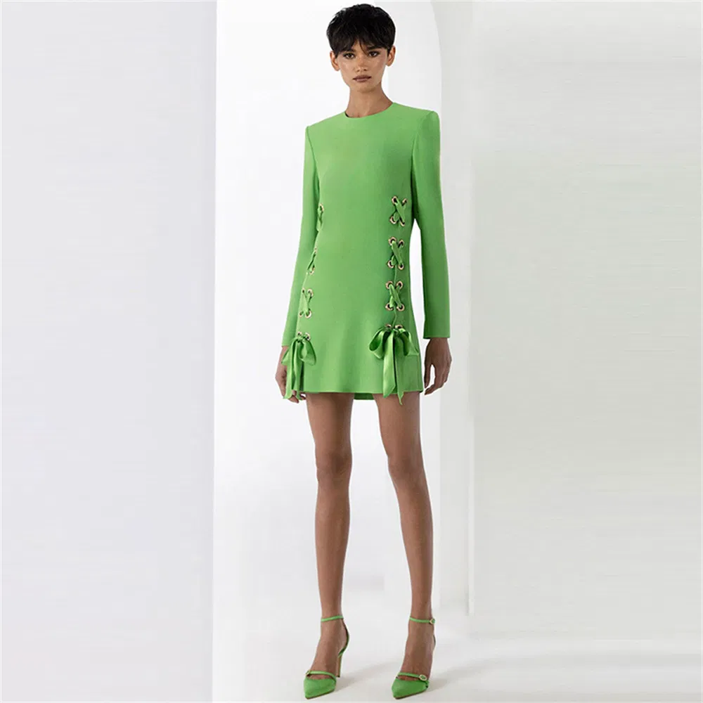 Vestido Casual de Manga Longa com Gola Redonda e Cinto de Fita Fashionável