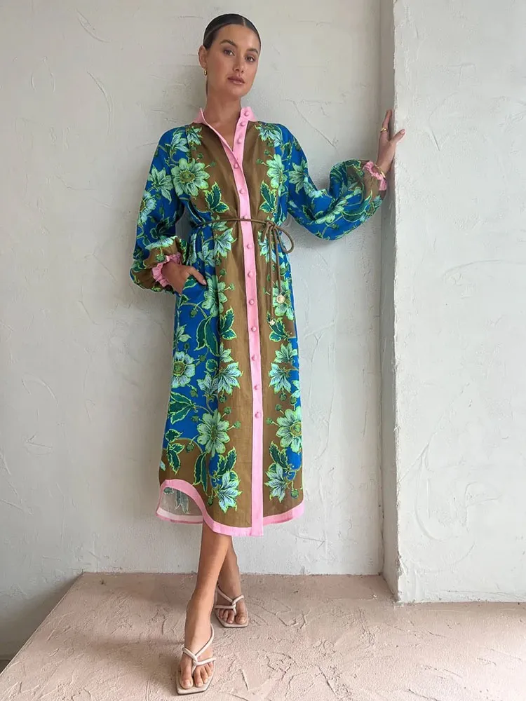 Moda Especial Interesse Alta Qualidade Vintage Estampado Estilo Férias Camisa Vestido Casual