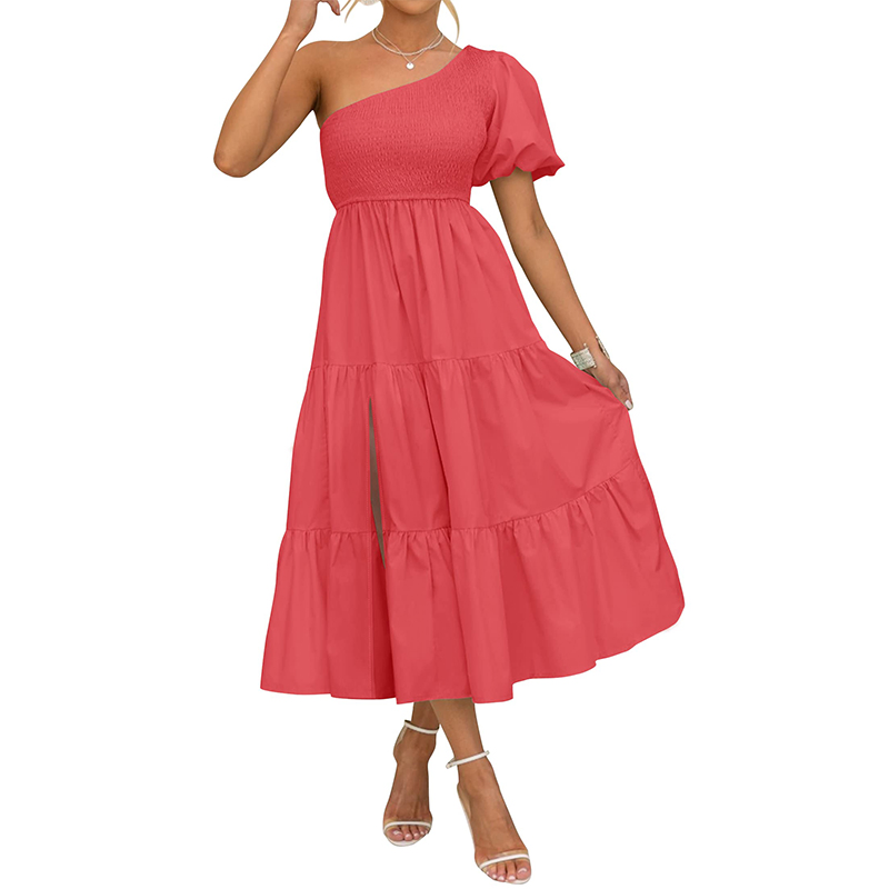 Novo Vestido Casual de Verão Boho para Mulheres, Um Ombro, Manga Curta, Com Pregas, Fenda Lateral, Renda, Estilo Solto