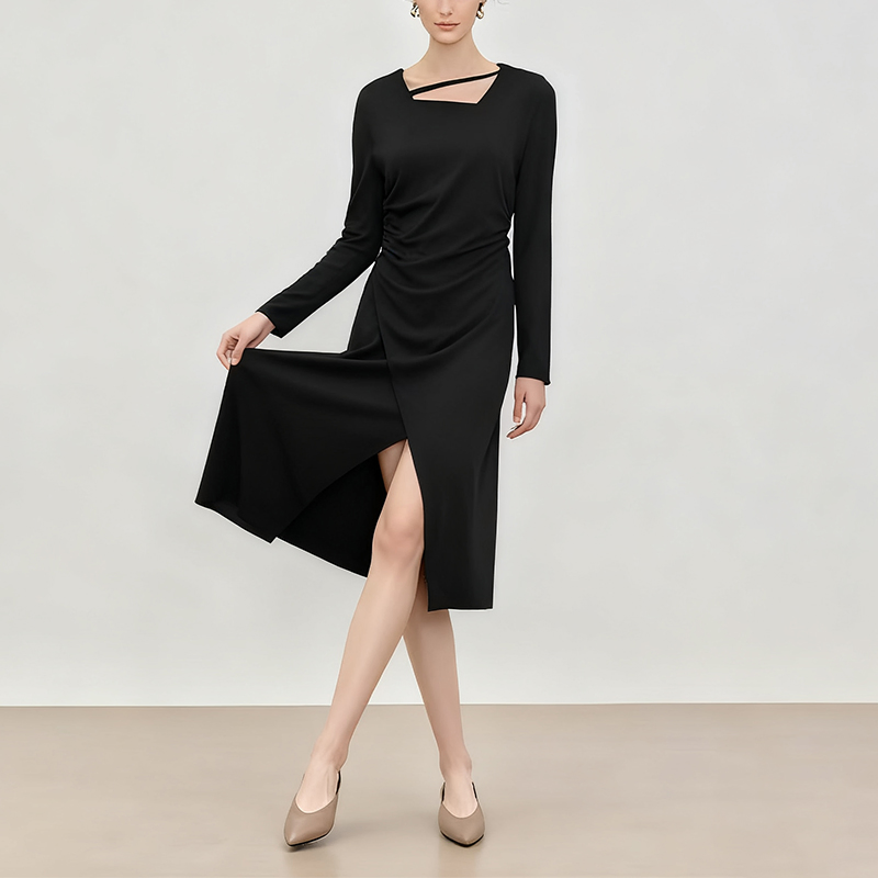 Novo Versátil, Confortável e Fashionável Vestido Casual Longo de Manga Longa com Gola Média e Decote Quadrado em A