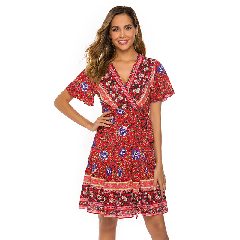 Vestido Maxi Casual Longo Floral Boêmio com Decote em V Sexy e Fenda Alta para Praia e Festa