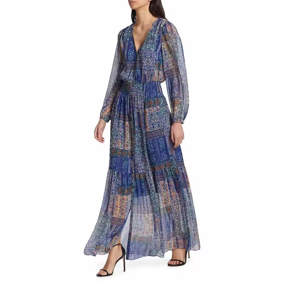 Fabricante Vestido Maxi V-Neck Casual Boho Vintage com Botão Frontal e Cintura Elástica Estampado para Mulheres Retro Chic