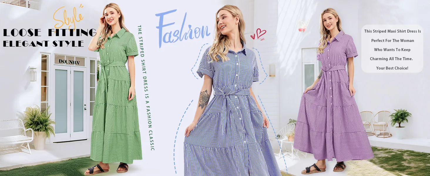 Vestido Blusa Listrada de Manga Longa com Botões na Cintura e Renda para Mulheres