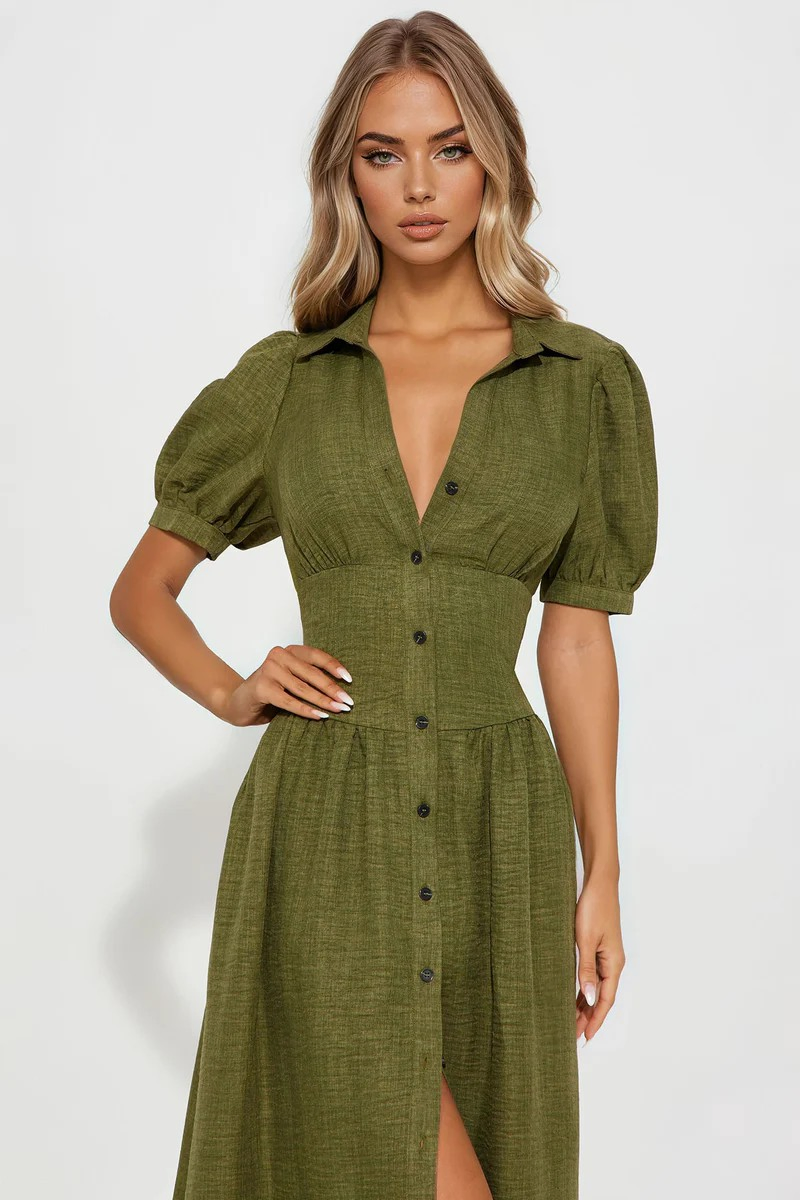 Vestido Maxi Longo de Linho Verde Oliva com Mangas Puff para Mulheres, Gola, Cintura Alta, Botões Frontais, Fenda Lateral, Look Casual de Verão