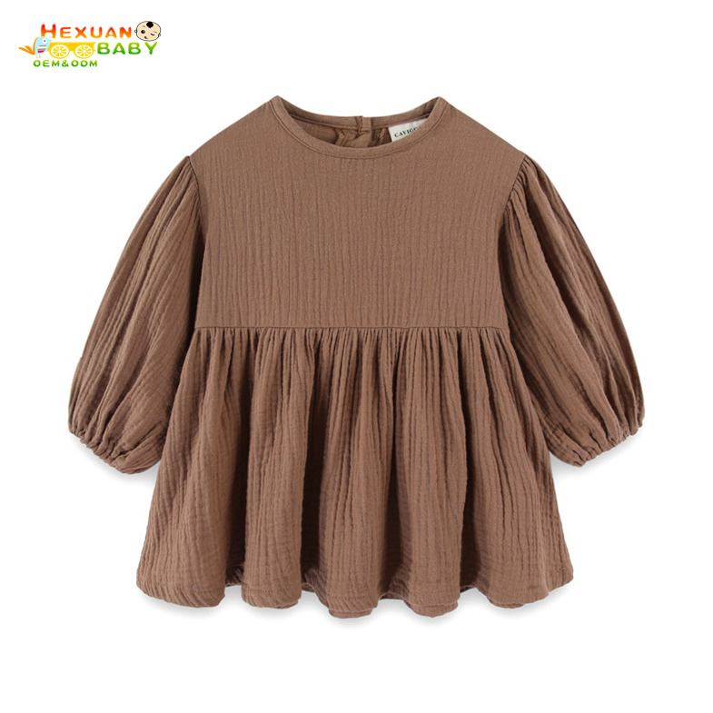 Novo Vestido Infantil de Outono e Primavera, Cor Sólida, Manga Longa, Algodão Linho, Doce Casual, Vestido para Menina Bebê