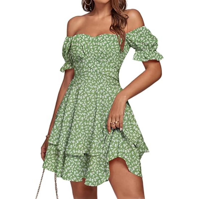 Vestido casual de manga curta em camadas, plissado, estilo envolvente, com amarração nas costas e ombros à mostra