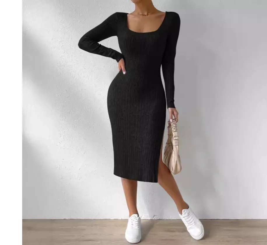 Americano Europeu Popular 2025spring Verão Novo Vestido Longo de Malha com Fenda de Manga Comprida e Gola Redonda Estilo Casual Justo Feminino