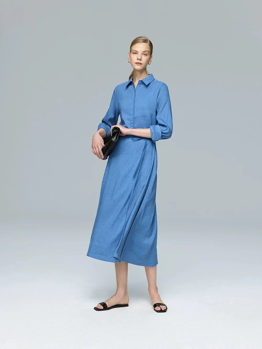 Vestido Midi Elegante Casual de Escritório em Linho e Rayon Importado para Mulheres, Conjunto de Camisa Envolvente, OEM ODM Atacado, Vestuário de Marca Personalizado