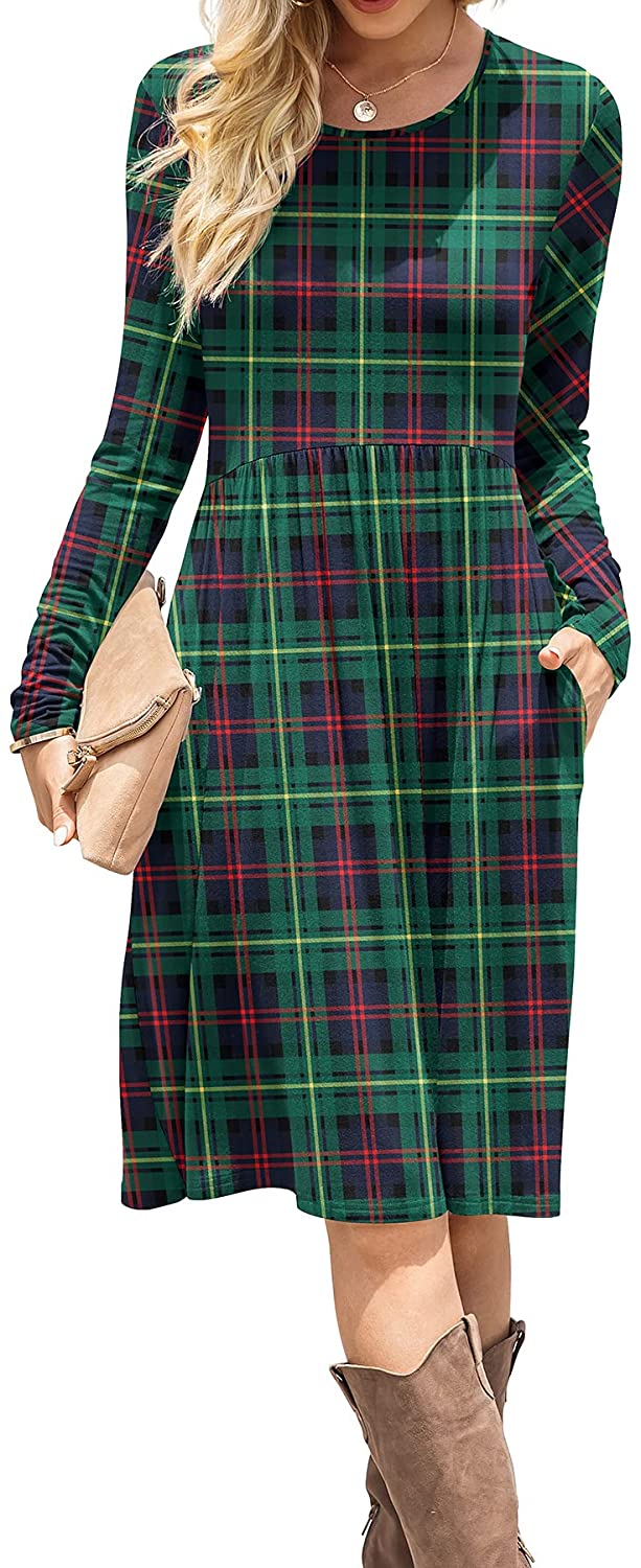 Vestidos Casuais Femininos de Manga Longa com Cintura Império, Vestido Solto com Bolsos