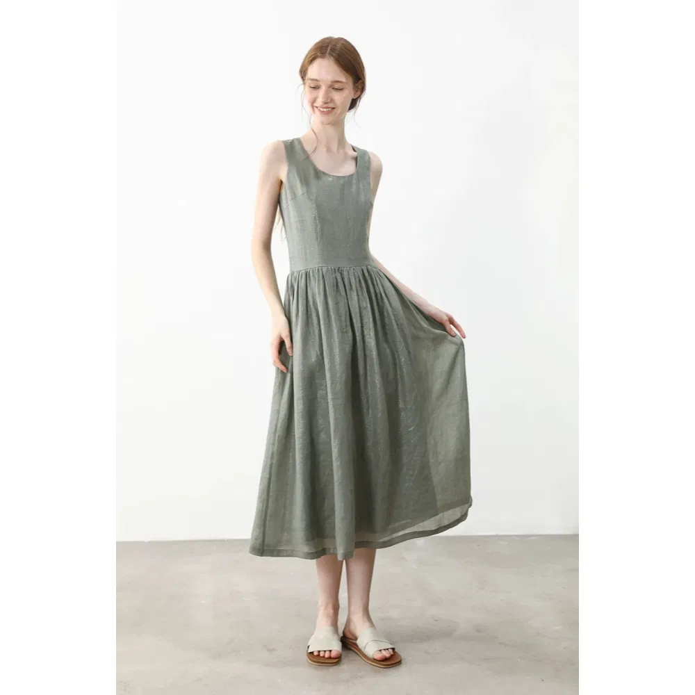 Vestido Maxi Sem Mangas de Linho com Glitter Dourado