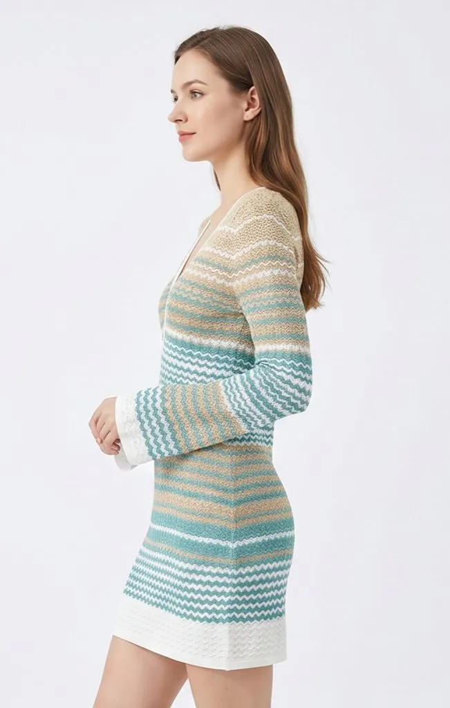 Vestido MIDI de Tricô Oco Listrado com Manga Longa e Decote em V