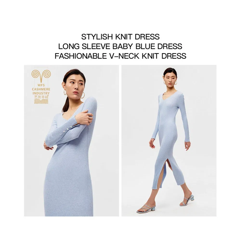 Vestido maxi de malha casual de manga longa com decote em V, sólido e de cor única, personalizado para mulheres, outono e inverno