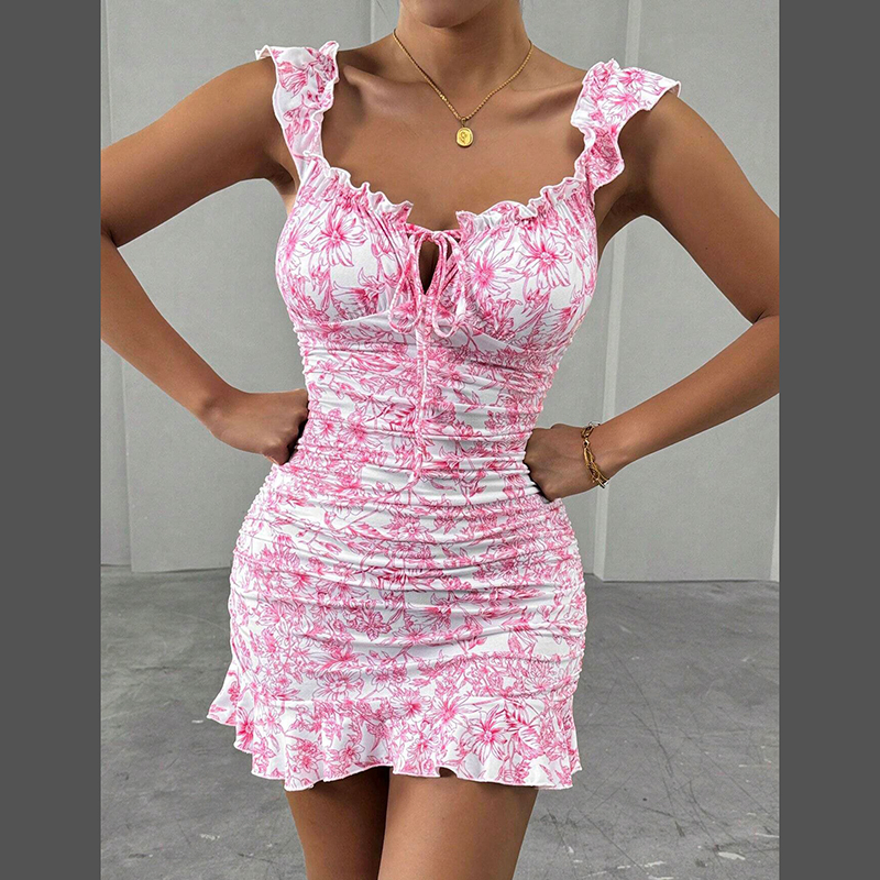 Vestido Curto Casual de Verão Elegante Boho com Mangas de Renda Personalizadas