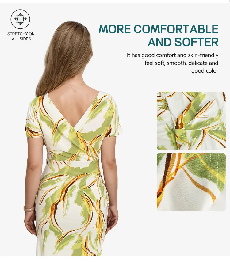 Vestido Justo Impresso de Manga Curta Casual com Decote em V
