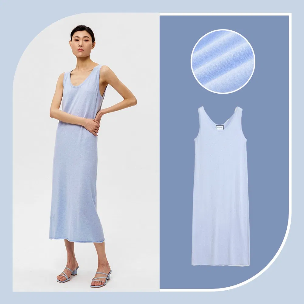 Vestido Longo Lino Solto Casual Oversized de Verão com Decote Quadrado Sem Mangas para Mulheres